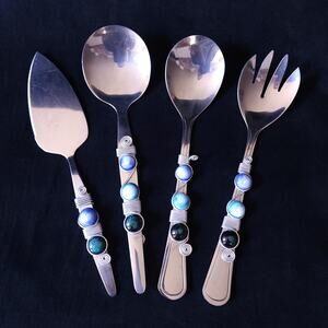 4 pc Set Stainless Steel Beaded Serving pieces Servers Spoons Cake Pie Server